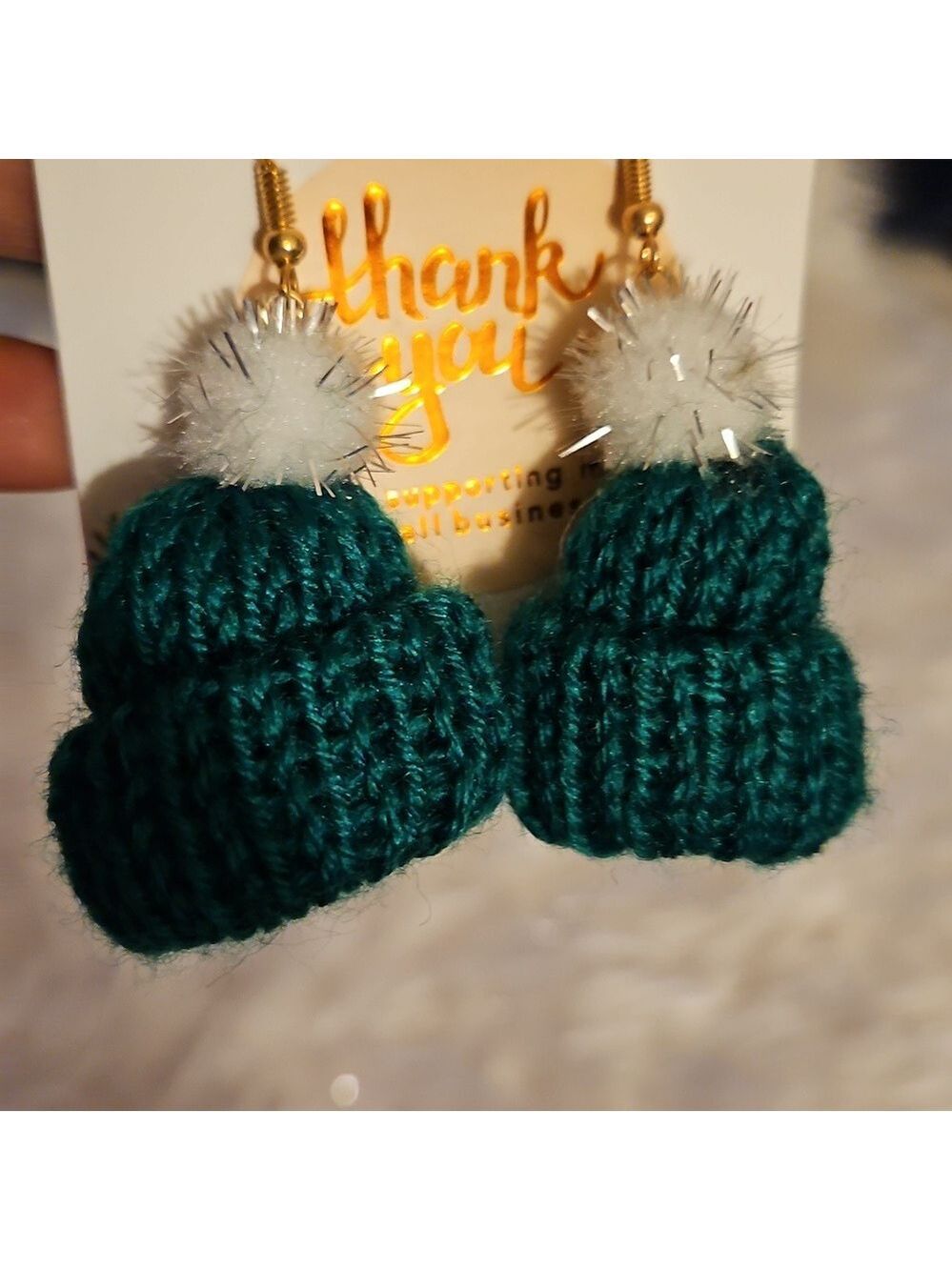 Handmade Jewelry Hand Knit Mini Christmas Hat Green white and silver pom-pom 2" - Picture 8 of 8